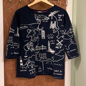 Boden Blue England Britain UK London Map 3/4 Sleeve Crewneck Pullover Size 12
